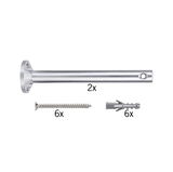 Twee zilverkleurige aluminium wandsteunen met zes schroeven en zes grijze pluggen voor stevige bevestiging.