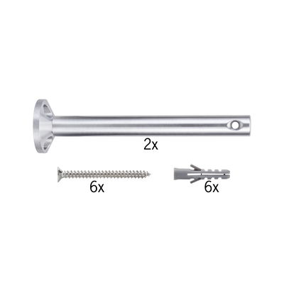 Twee zilverkleurige aluminium wandsteunen met zes schroeven en zes grijze pluggen voor stevige bevestiging.