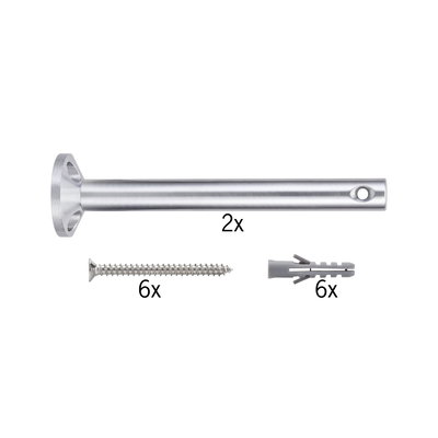 Two silver aluminum wall brackets with six screws and six grey plugs for secure mounting.