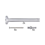 Deux supports muraux en aluminium argenté avec six vis et six chevilles grises pour fixation solide.