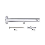 Deux supports muraux en aluminium argenté avec six vis et six chevilles grises pour fixation solide.