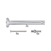 Two silver aluminum wall brackets with six screws and six grey plugs for secure mounting.