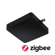 Zwart vierkant kunststof behuizing met metalen clip en Zigbee-logo voor smart home bediening