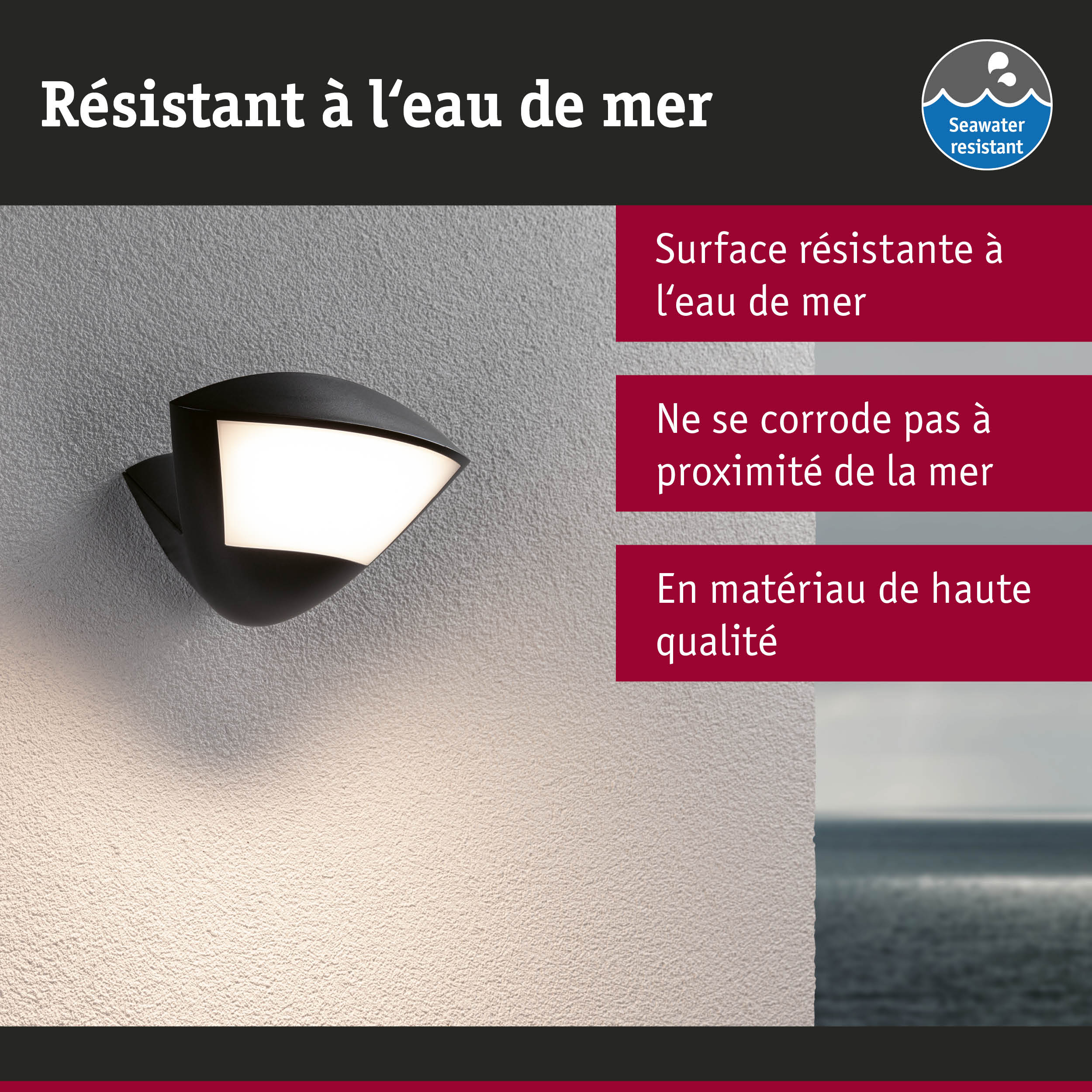 Applique murale extérieure noire avec verre blanc, résistante à l'eau de mer et aux intempéries
