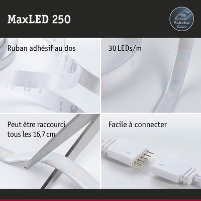 Bande LED MaxLED 250 avec protection, ruban adhésif, 30 LEDs/m, coupable tous les 16,7 cm, facile à connecter