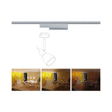 Sketch of silver LED spotlight attachment for track system with three lighting moods in dining room.