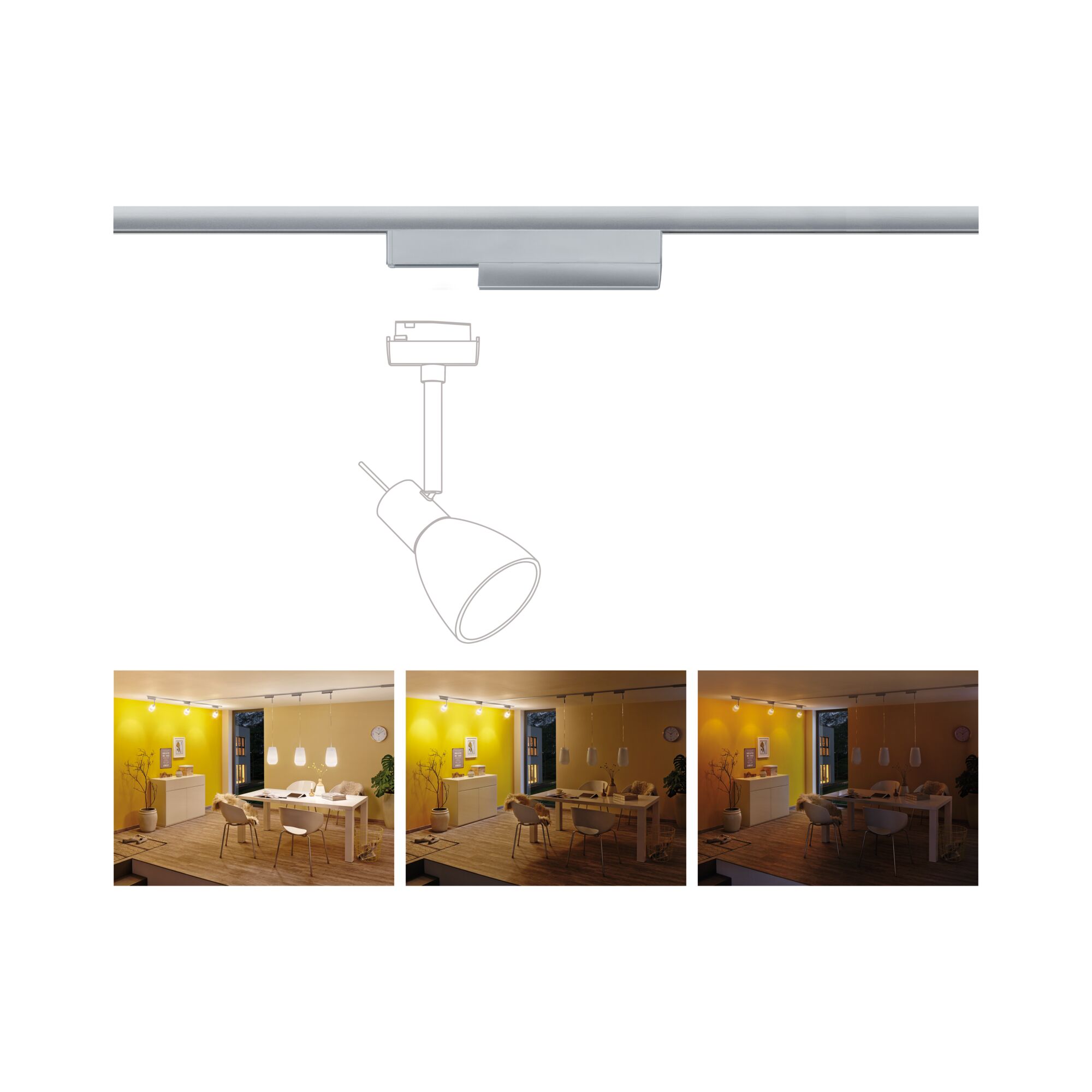 Skizze eines silbernen LED-Strahleraufsatzes für Schienensystem mit drei Beleuchtungsstimmungen im Esszimmer.