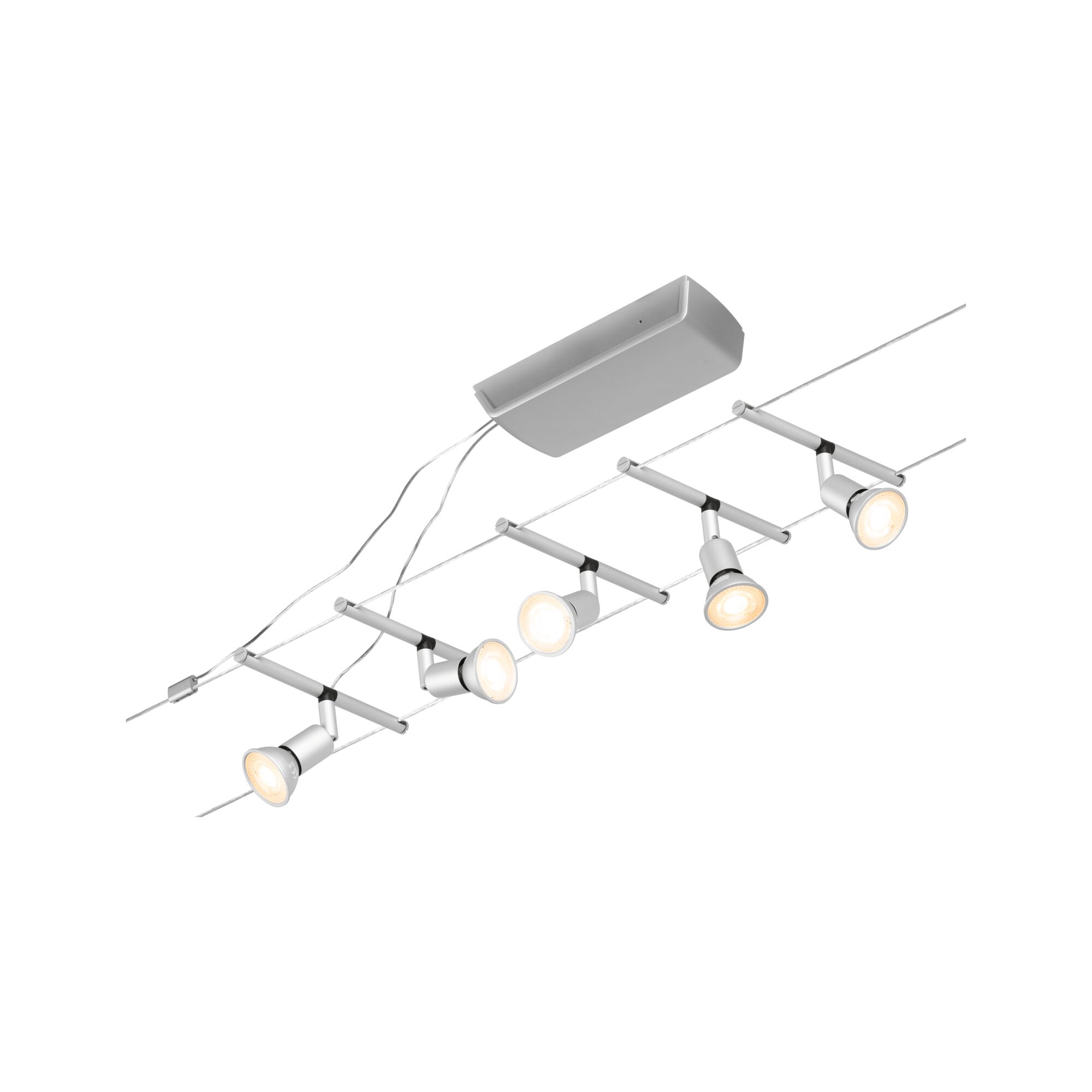 Modern cable lighting system with five white metal LED spotlights for flexible room illumination
