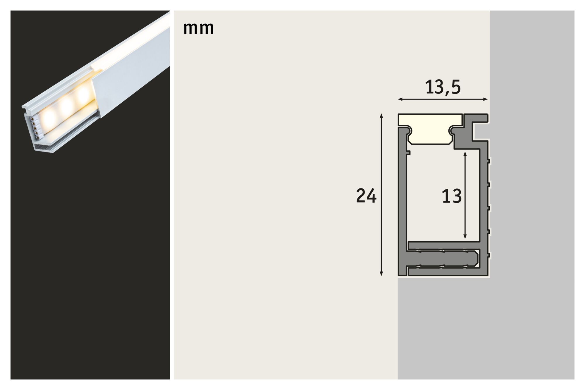 Cross-section of white aluminum LED profile measuring 24x13.5 mm for LED strip lighting.