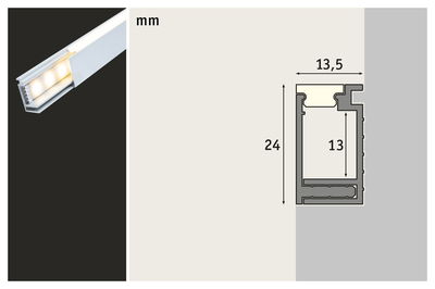 Cross-section of white aluminum LED profile measuring 24x13.5 mm for LED strip lighting.