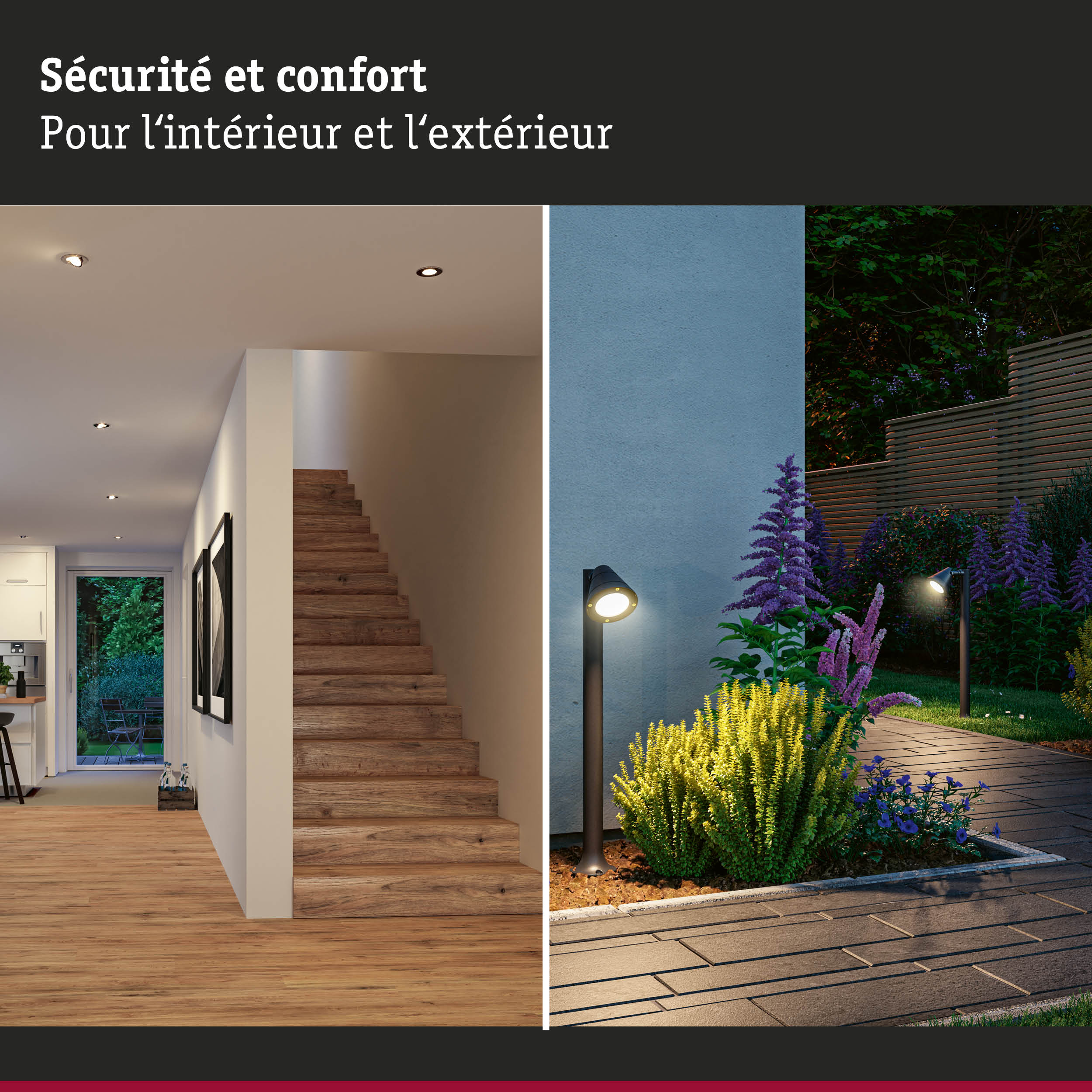 Intérieur avec escalier en bois et éclairage de plafond moderne à côté d'un chemin de jardin avec éclairage extérieur et plantes