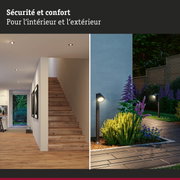 Intérieur avec escalier en bois et éclairage de plafond moderne à côté d'un chemin de jardin avec éclairage extérieur et plantes