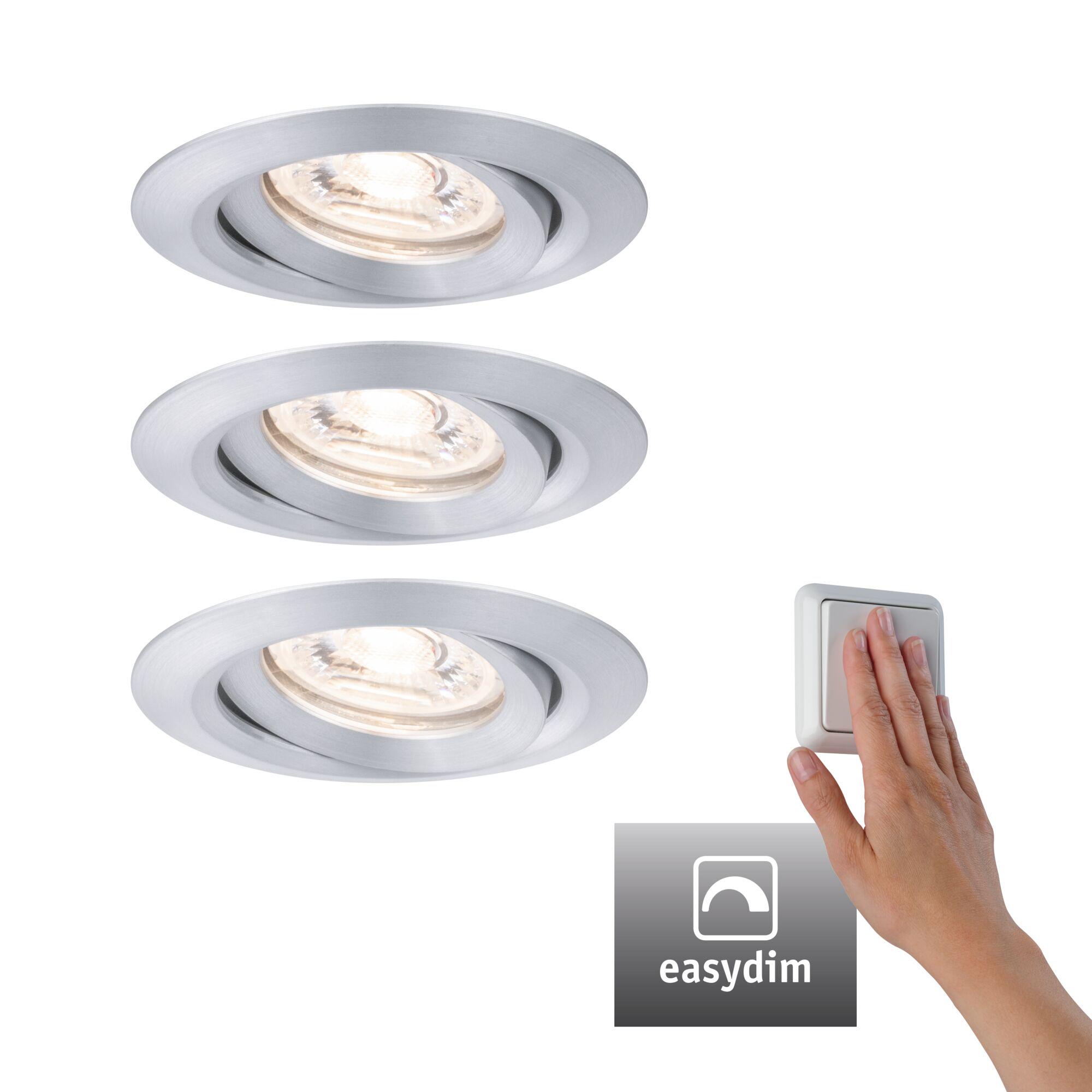Three round recessed spotlights in brushed silver aluminium with EasyDim dimmer function