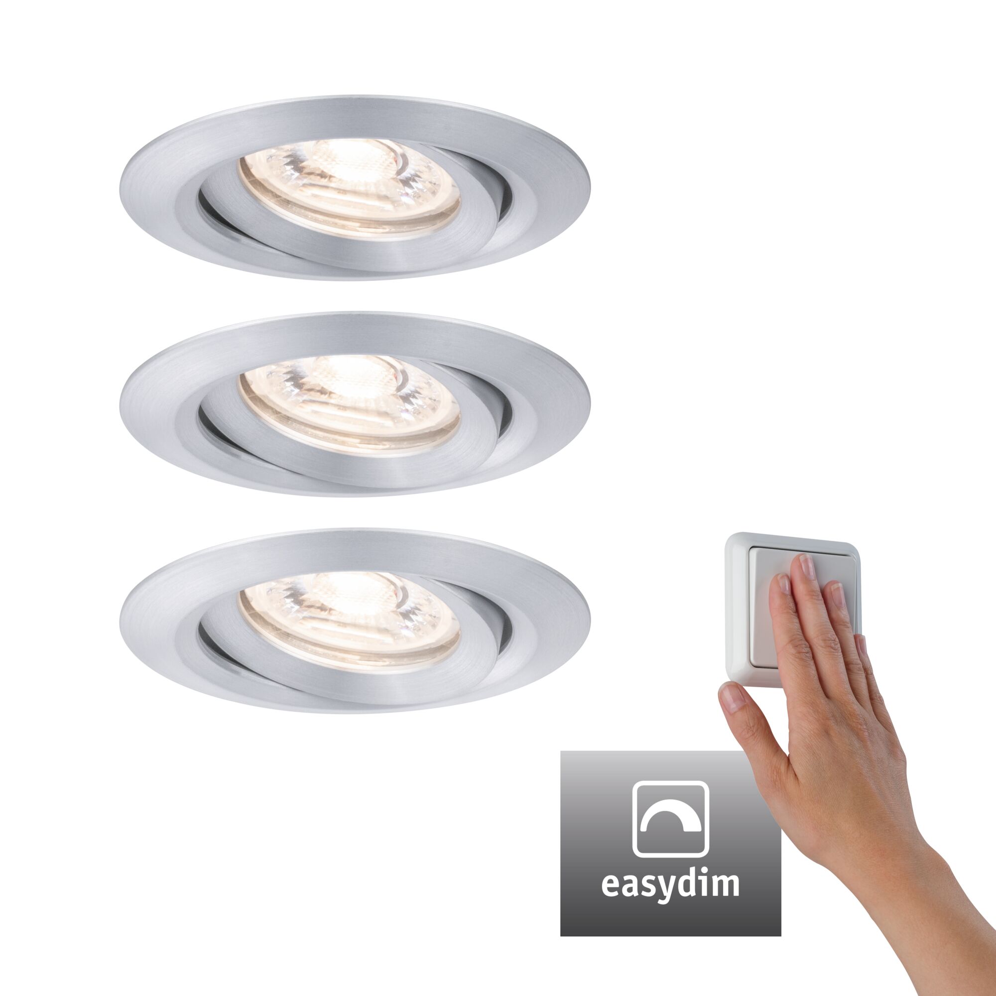 Trois spots encastrés ronds en aluminium brossé argenté avec fonction variateur EasyDim