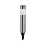 Stainless steel garden light with white diffuser and black ground spike for outdoor lighting