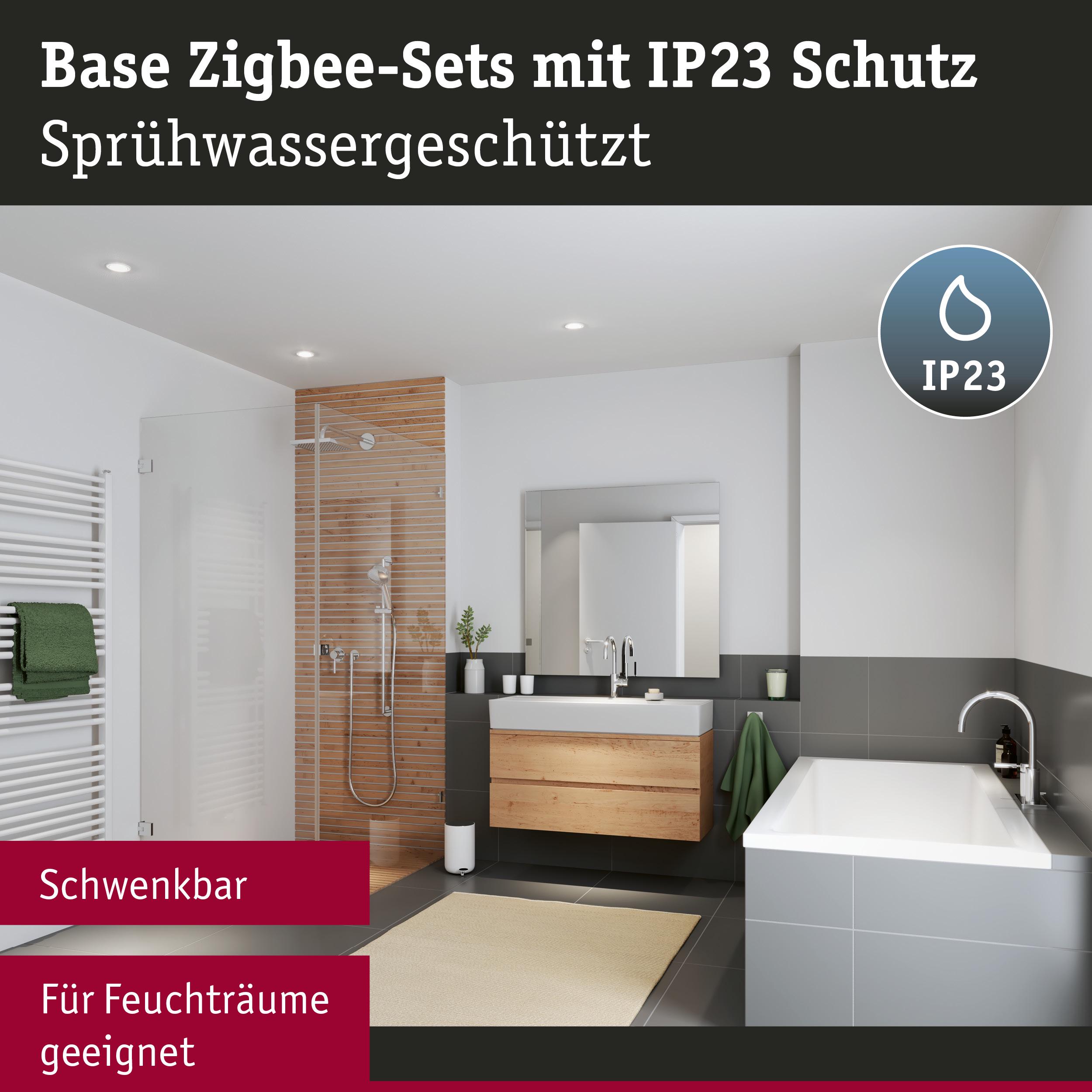 Modernes Badezimmer mit IP23 geschützten, schwenkbaren LED-Leuchten für Feuchträume in Grau und Holzoptik