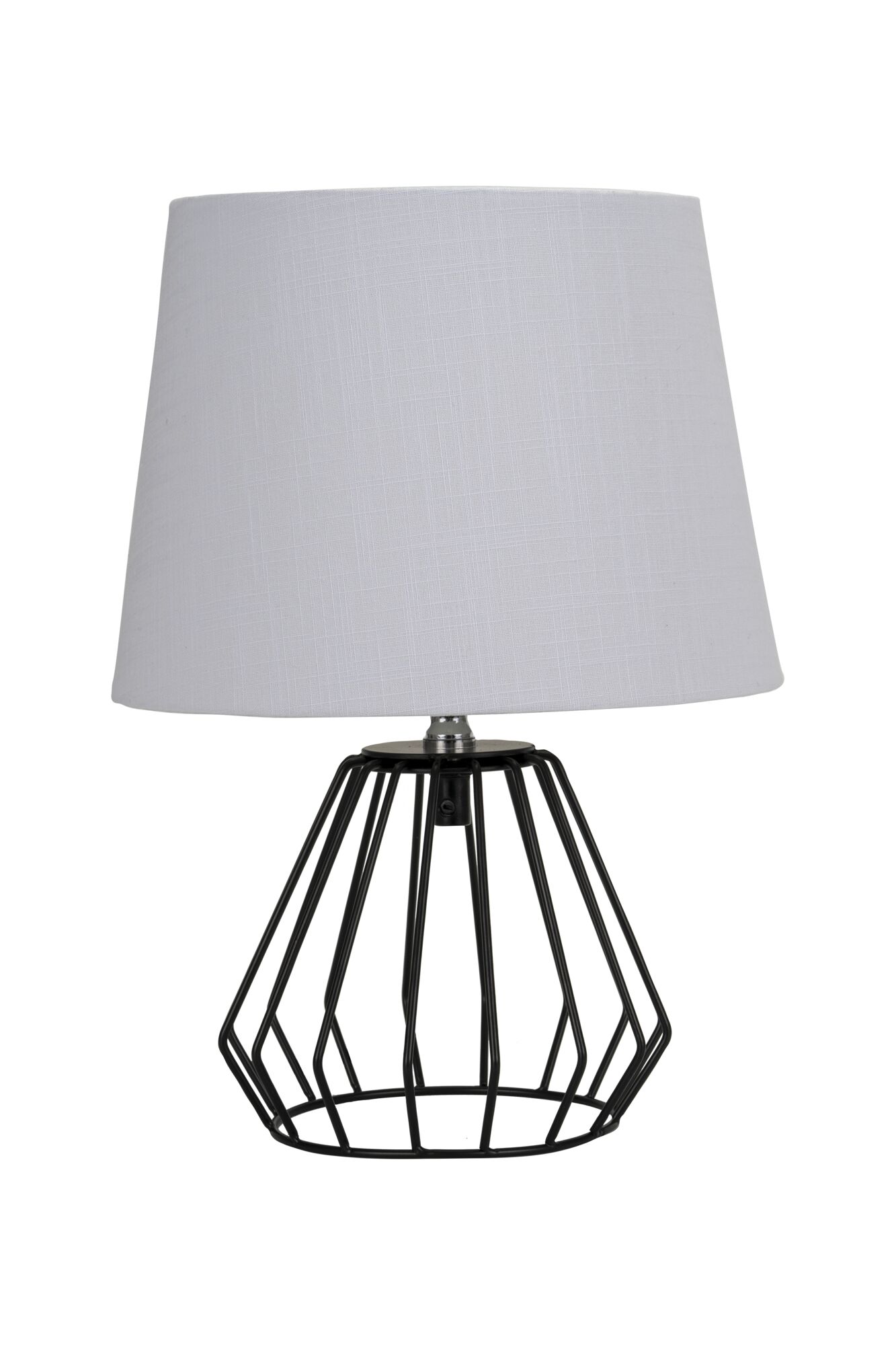 Moderne Tischlampe mit weißem Stoffschirm und schwarzem Metallgestell für stilvolle Beleuchtung