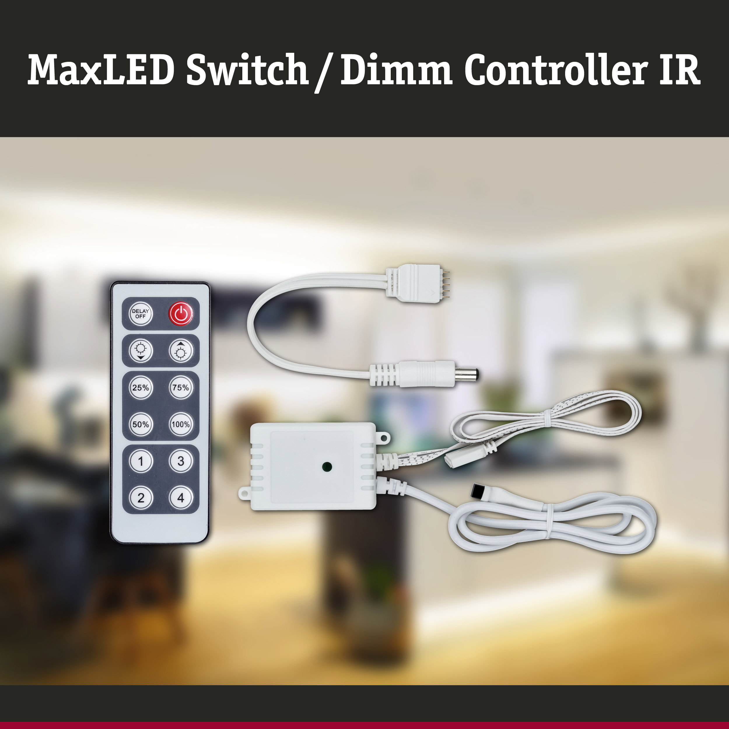 MaxLED Switch Dimm Controller IR with remote and white cables for LED lighting control