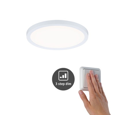 Round white LED ceiling light with 3-step dimming, hand pressing wall switch for control.