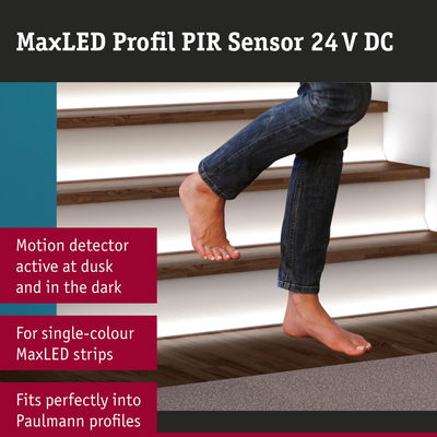 MaxLED Profile PIR Sensor 24 V DC motion detector for single-colour LED strips on stair lighting