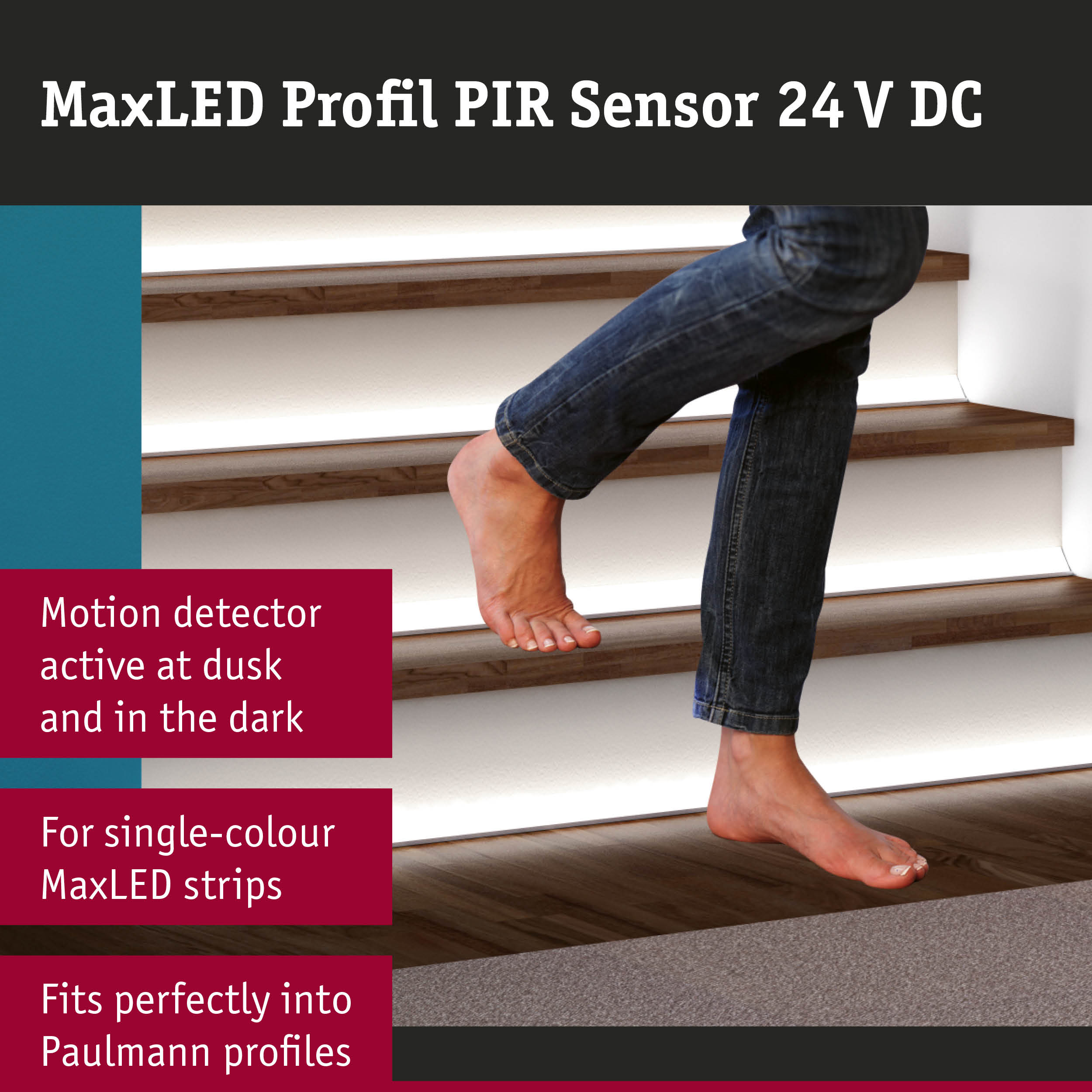 MaxLED Profile PIR Sensor 24 V DC motion detector for illuminated wooden stair steps