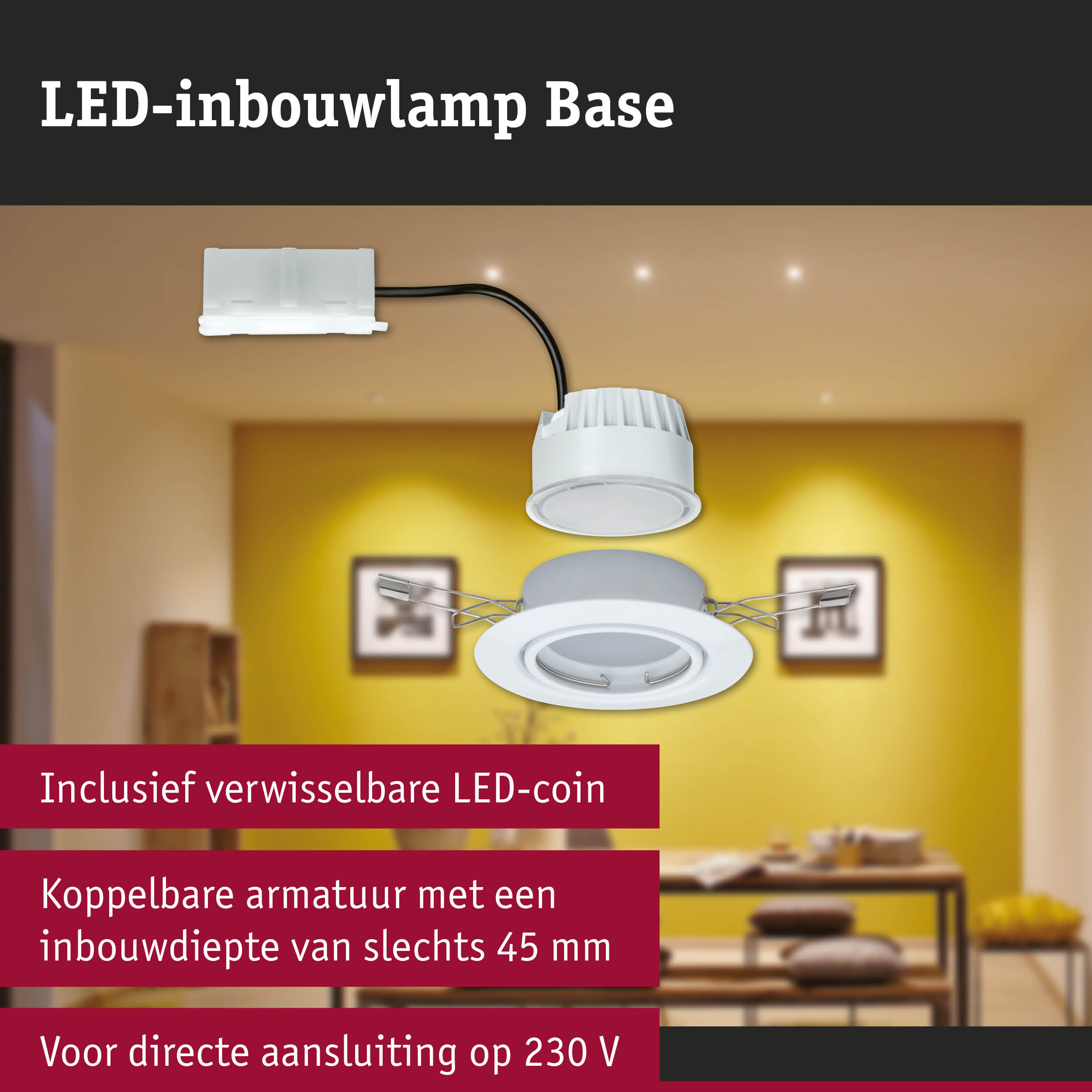 Witte LED-inbouwlamp met verwisselbare LED-coin en 45 mm inbouwdiepte voor 230 V aansluiting