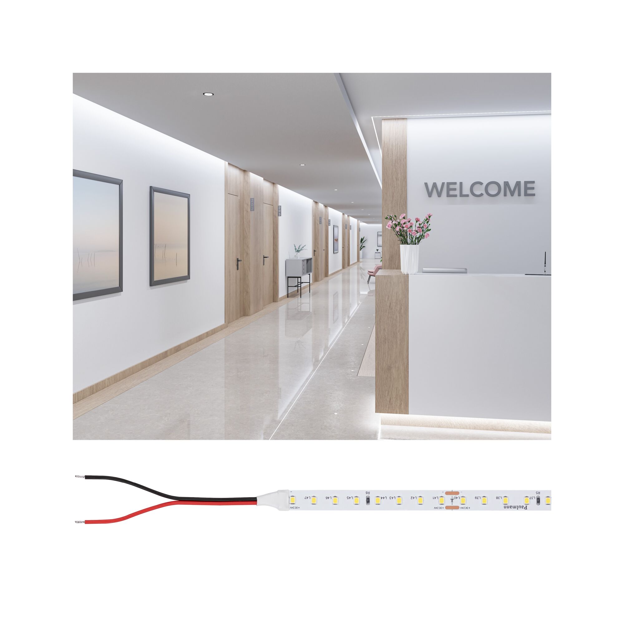 LED-Lichtband mit weißen LEDs und Anschlusskabeln, ideal für moderne Innenbeleuchtung und Akzentbeleuchtung.