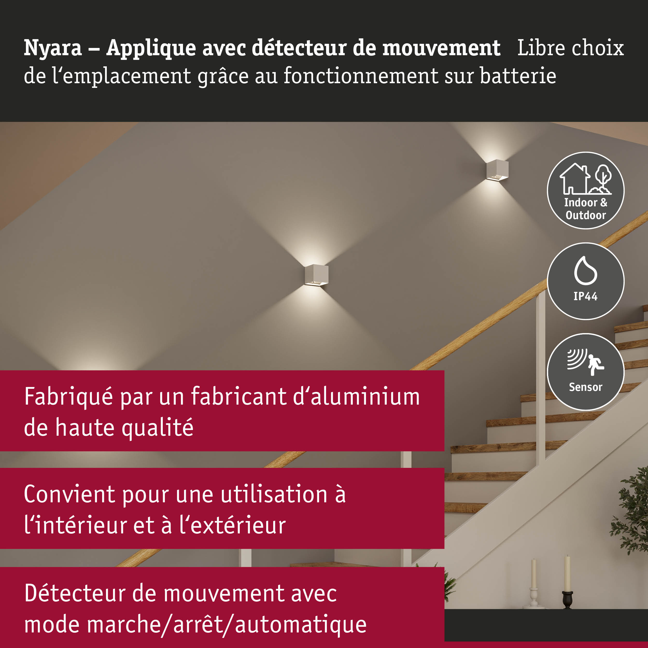Applique Nyara en aluminium blanc avec détecteur de mouvement pour usage intérieur et extérieur