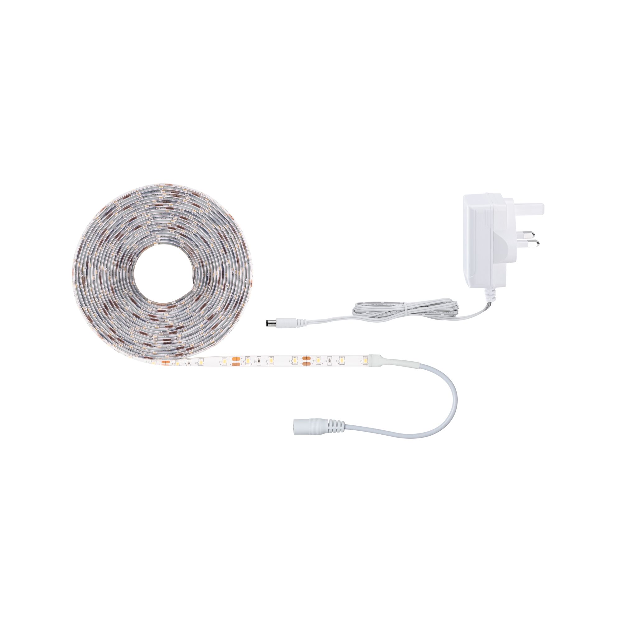 White LED strip light with power adapter and connector cable for flexible lighting setups