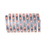 Flexibele LED-strip met rode LEDs op zilveren printplaat voor decoratieve verlichting.