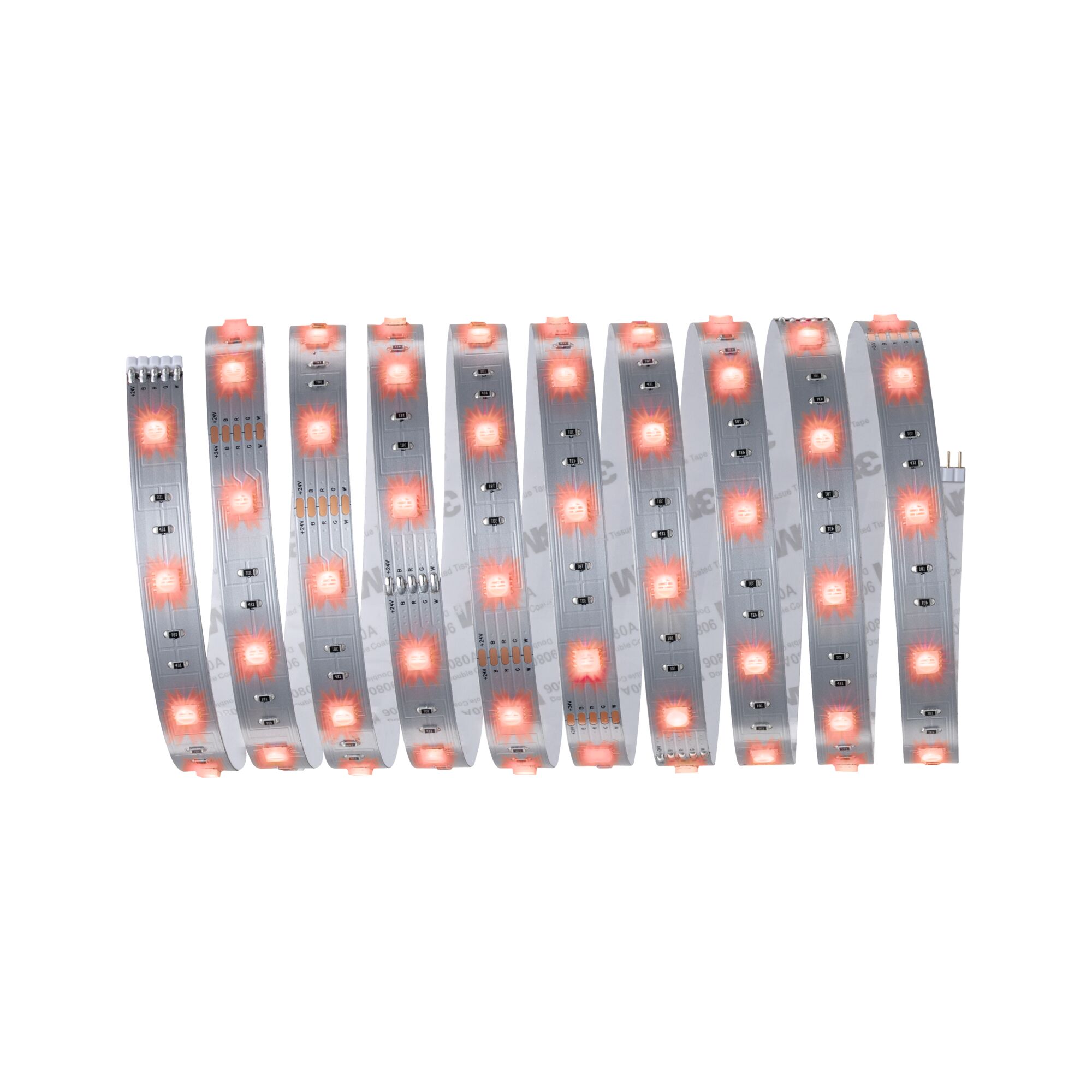 Bande LED flexible avec LEDs rouges sur circuit argenté pour éclairage décoratif.