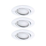 Three white metal recessed spotlights with adjustable reflector for flexible LED lighting