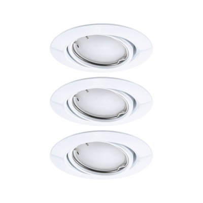 Drei weiße Einbaustrahler aus Metall mit schwenkbarem Reflektor für flexible LED-Beleuchtung