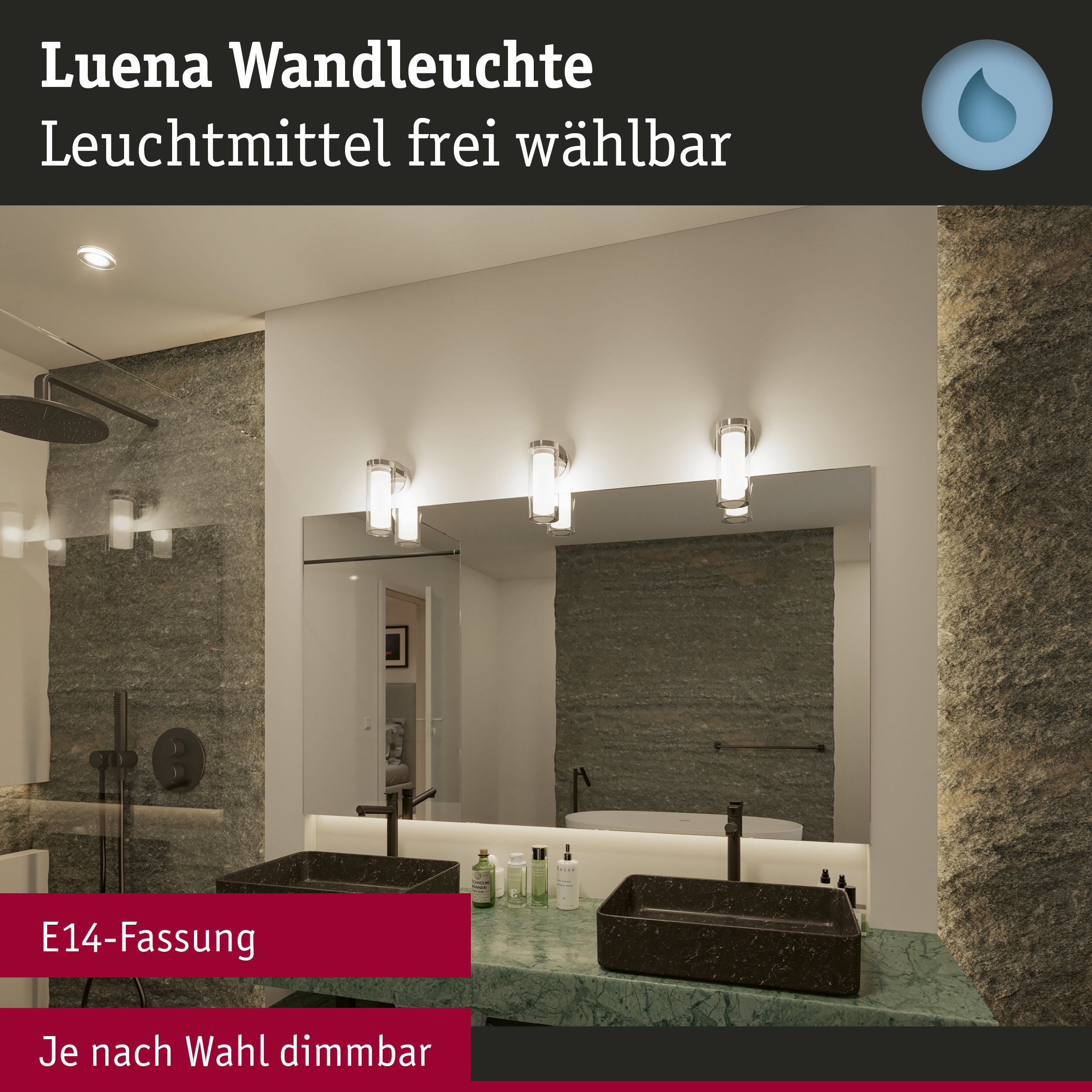 Luena Wandleuchte mit E14-Fassung in Chrom und Glas, dimmbar, moderne Badbeleuchtung mit LED-Option