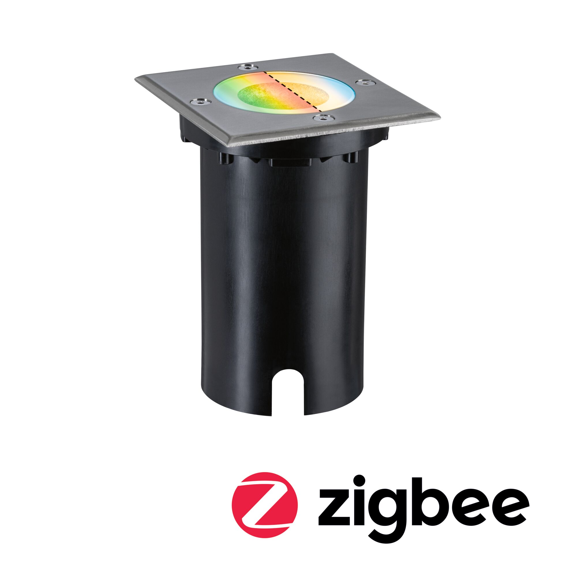 LED-grondinbouwlamp Smart Home Zigbee 3.0 Floor IP67 hoekig 110x148mm RGBW+ 4,9W 300lm 230V 120° Staal geborsteld Aluminium Vierkante inbouw-LED-spot van roestvrij staal met zwarte behuizing en RGB-kleurwisselfunctie