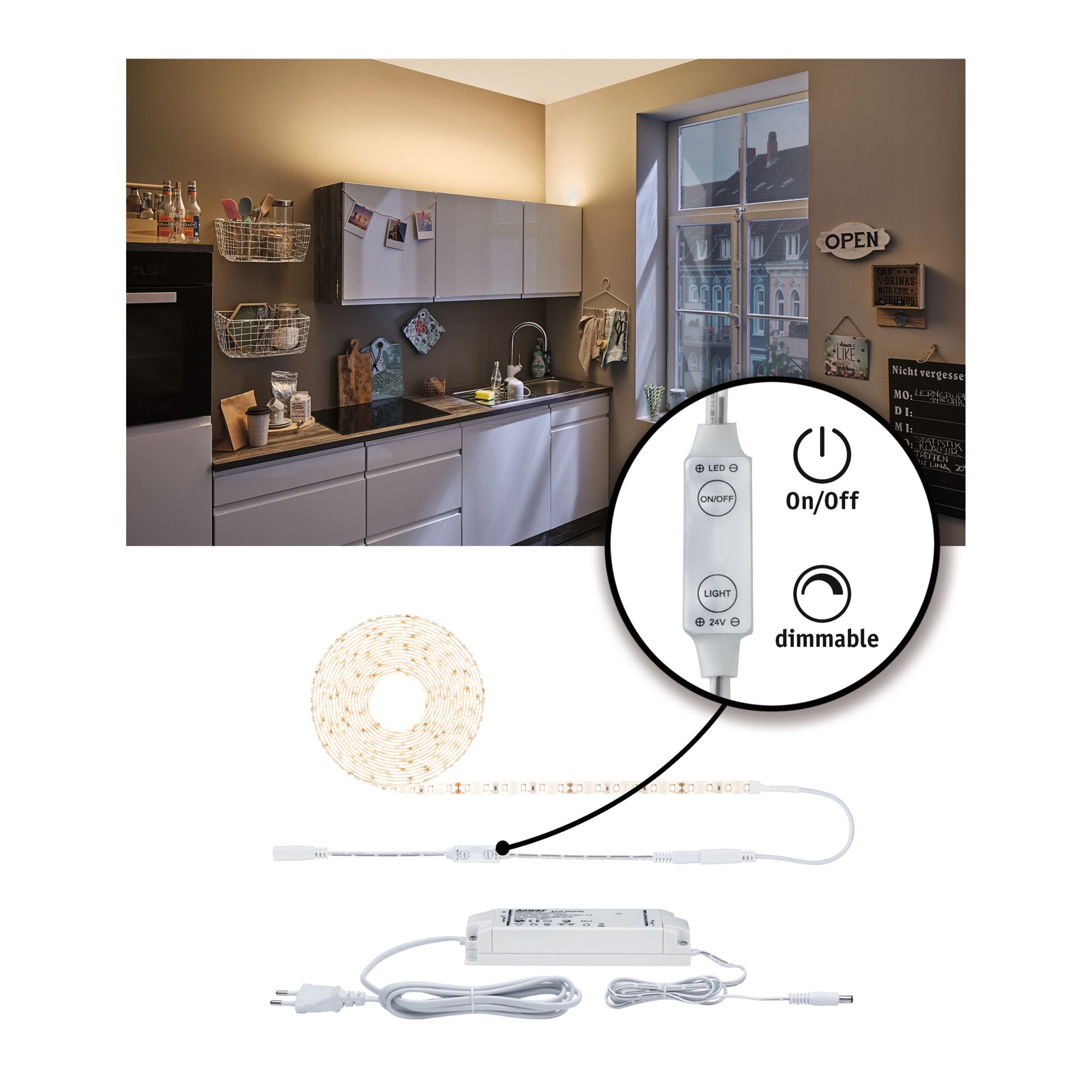 LED-Lichtband mit dimmbarem On/Off-Schalter und Netzteil, warmweißes flexibles Band für Küchenbeleuchtung