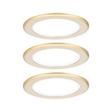 Three round gold aluminum LED recessed lights for energy-efficient room lighting