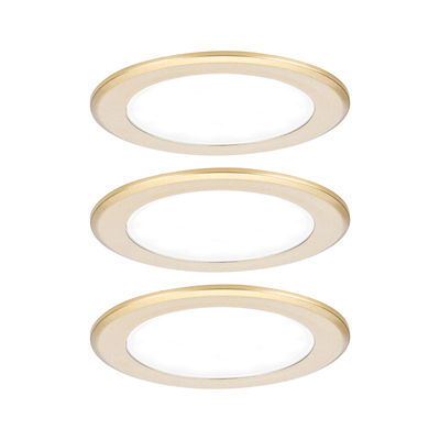 Three round gold aluminum LED recessed lights for energy-efficient room lighting