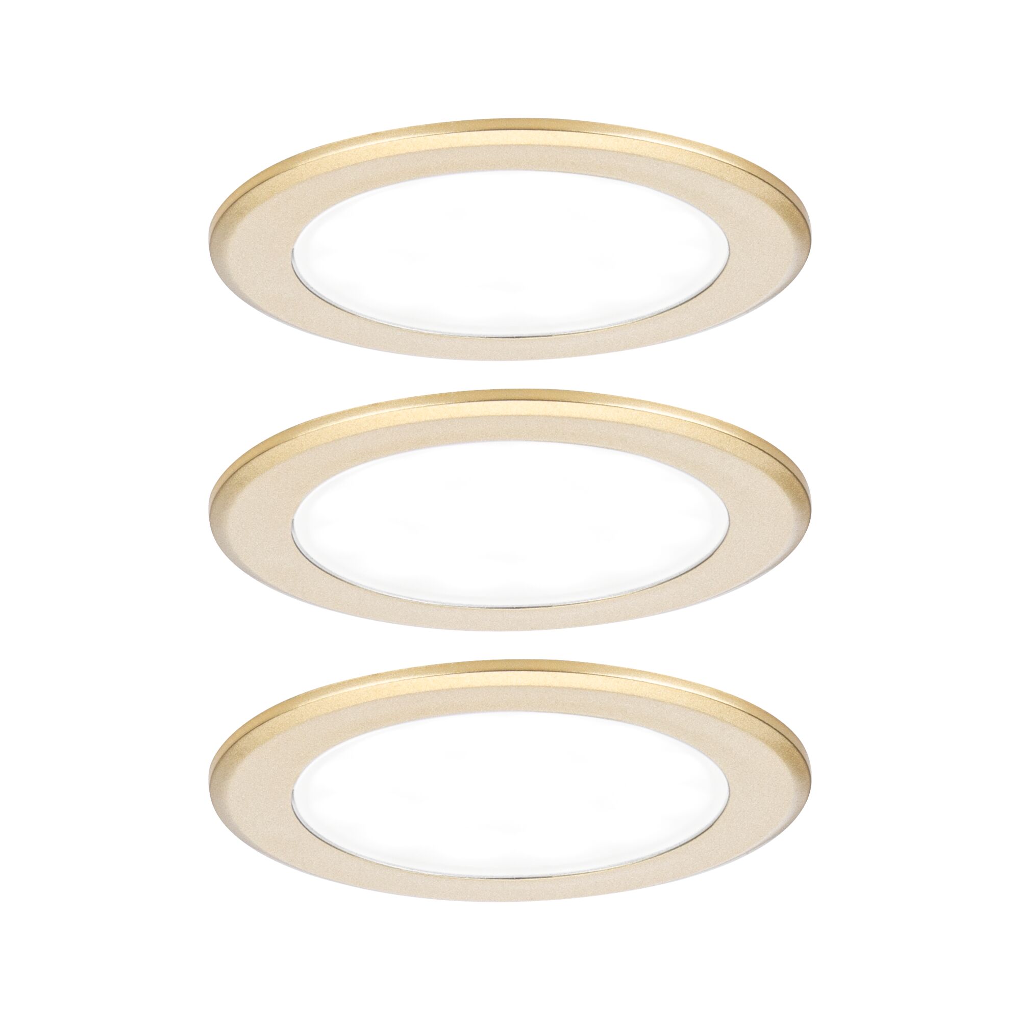 Three round gold aluminum LED recessed lights for energy-efficient room lighting