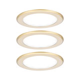 Three round gold aluminum LED recessed lights for energy-efficient room lighting