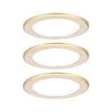 Three round gold aluminum LED recessed lights for energy-efficient room lighting