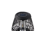 Black wooden solar lamp with LED bulb and modern cage design for outdoor lighting solutions.