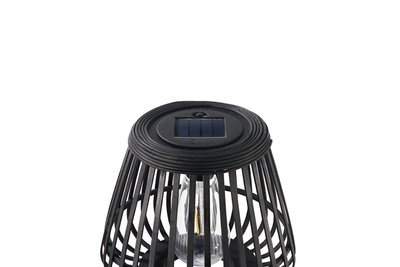 Black wooden solar lamp with LED bulb and modern cage design for outdoor lighting solutions.