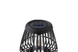 Lampe solaire noire en bois avec ampoule LED et design en cage moderne pour éclairage extérieur.