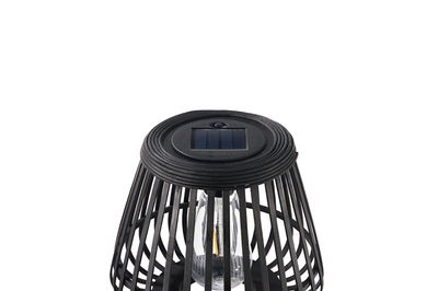 Lampe solaire noire en bois avec ampoule LED et design en cage moderne pour éclairage extérieur.