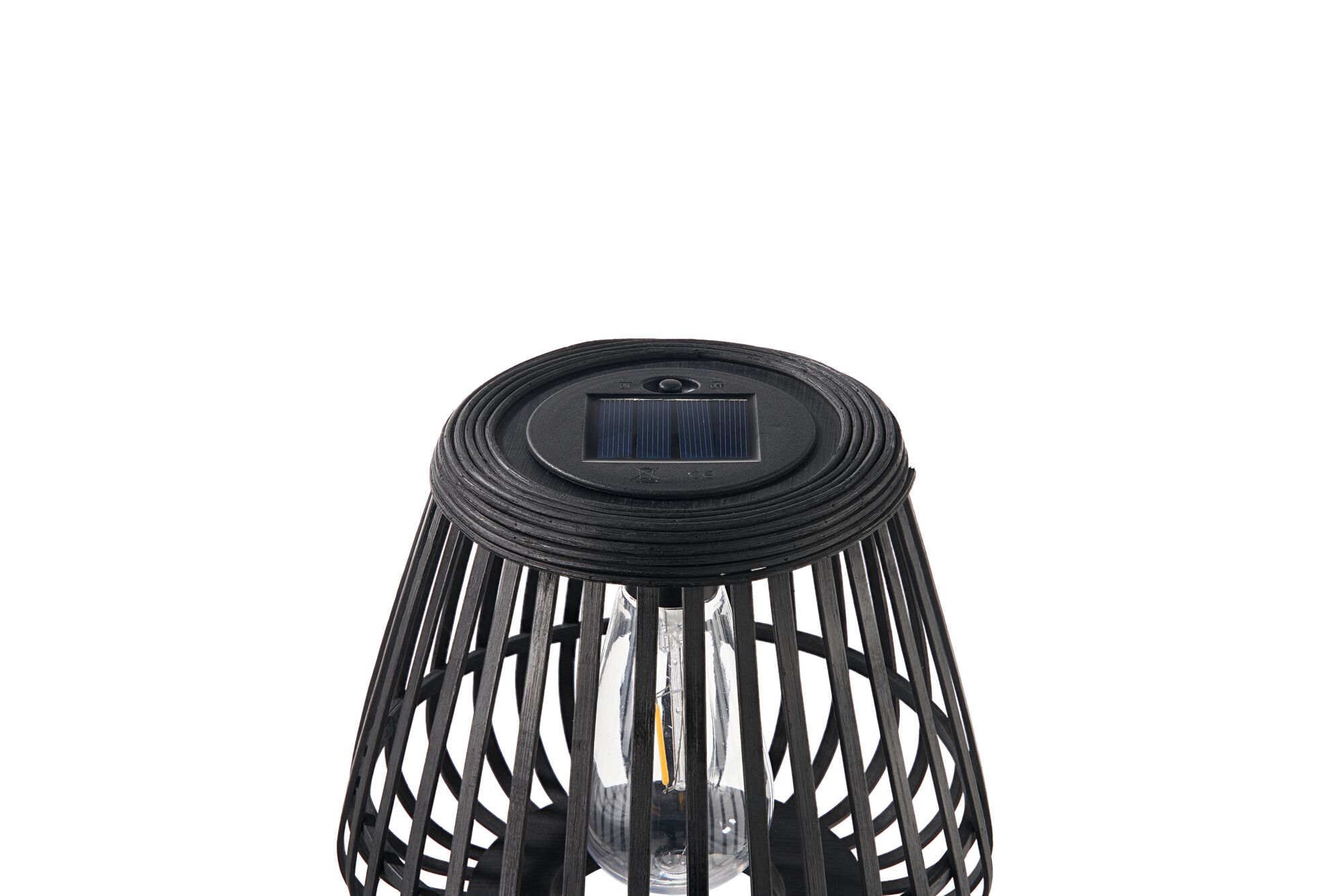 Schwarze Solarleuchte aus Holz mit LED-Glühbirne und modernem Gitterdesign für Außenbereiche.