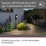 Schwarze LED-Außenleuchten mit austauschbarem Modul beleuchten Gartenweg mit lila und gelben Pflanzen