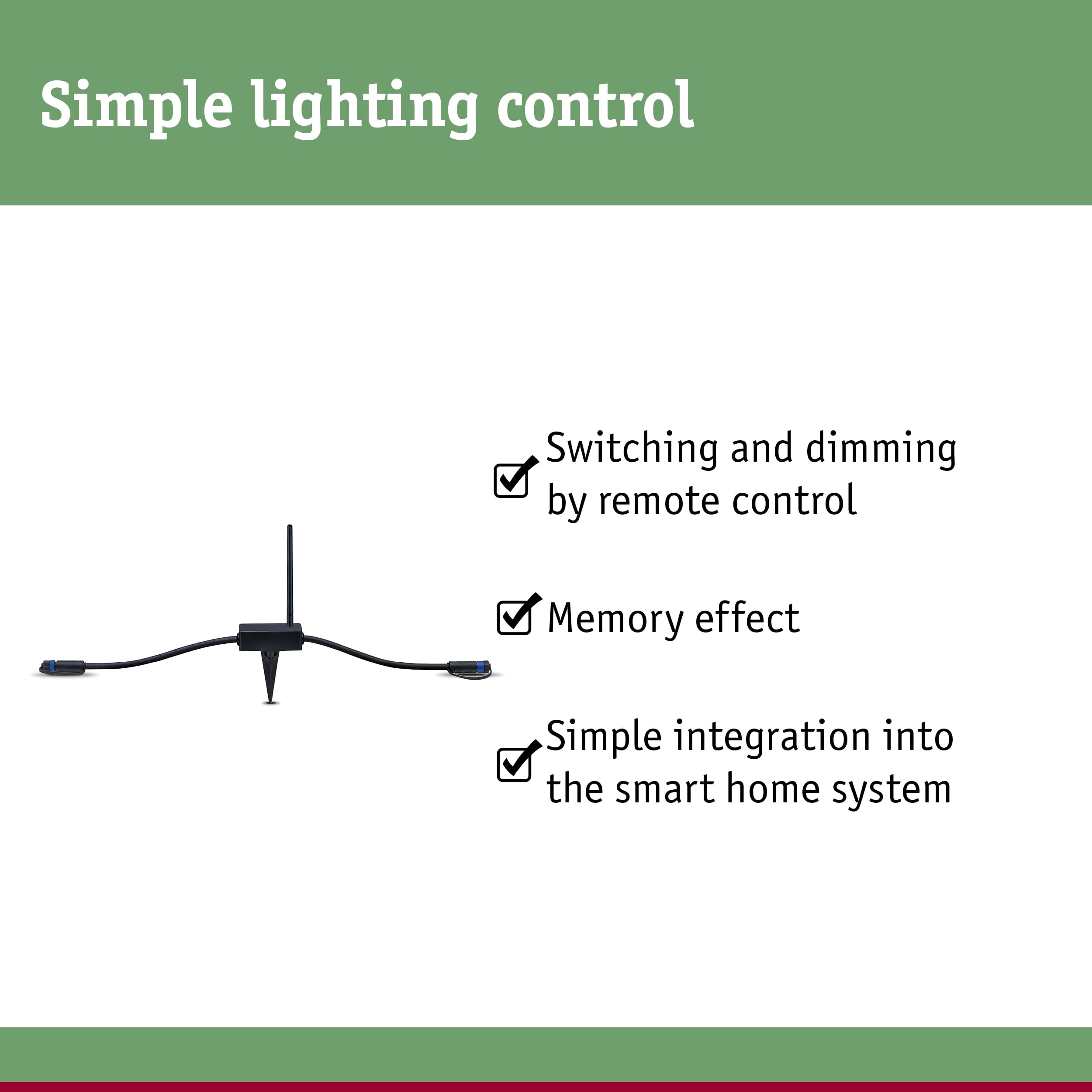 Black lighting control device with antenna and ground spike for simple remote light switching and dimming