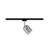 Black track spotlight with adjustable grey glass and chrome mount for modern indoor lighting