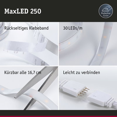MaxLED 250 LED-Lichtband mit rückseitigem Klebeband, 30 LEDs/m, schneidbar alle 16,7 cm, leicht verbindbar